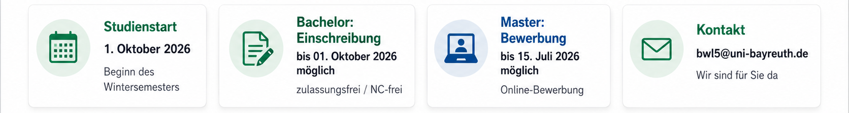 Studienstart: 01. Oktober 2026 (Beginn des Wintersemesters); Bachelor-Einschreibung bis 01.Oktober möglich ( zulassungsfrei/NC-frei); Master Bewerbung bis 15. Juli möglich; Kontakt: bwl5@uni-bayreuth.de